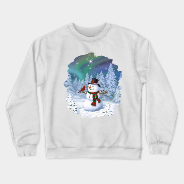 Happy Christmas Snowman Cute Birds Winter Wonderland Crewneck Sweatshirt by csforest